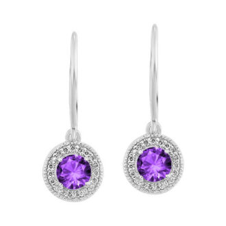 Halo Dangle Earrings with .10ctw Diamonds and Amethyst in Silver