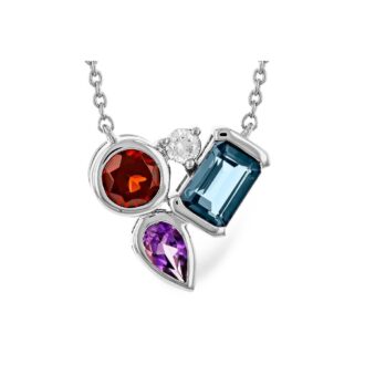 Fashion Pendant Necklace with Garnet, Amethyst, London Blue Topaz in 14k White Gold