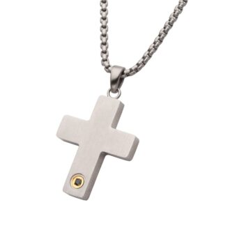 Inox Black Sapphire Engraved Cross Pendant with Box Chain 22"