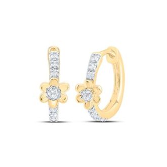 Flower Center Huggie Hoop Earrings with .10ctw Round Diamonds in 10k Yellow Gold