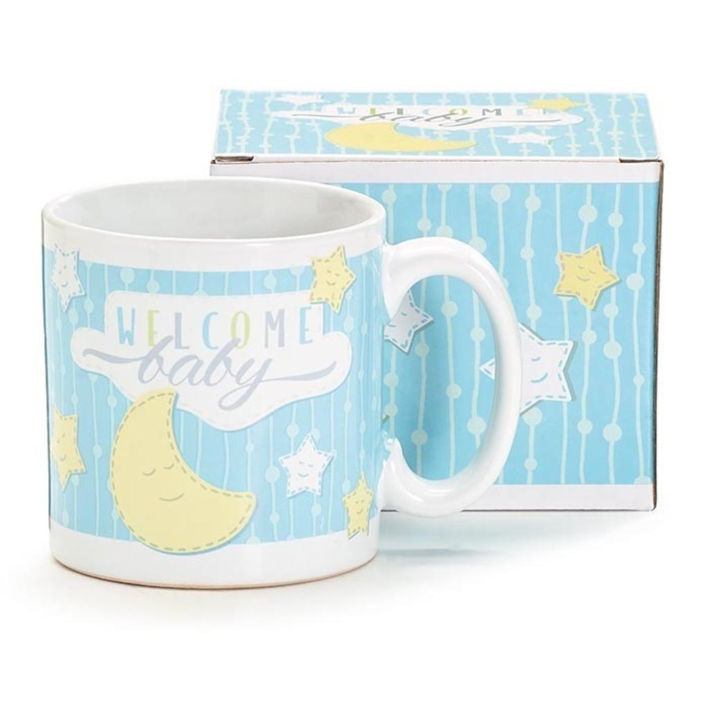 Welcome Baby Blue 13 oz Ceramic Mug with Moon & Stars