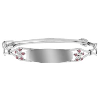 Children's Adjustable ID Bracelet with Pink Flowers in Sterling Silver
