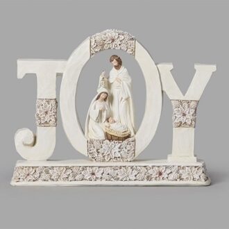 6.75" JOY Holy Family Christmas Figurine, Poinsettia Pattern