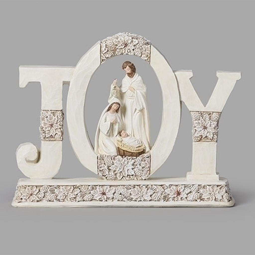 6.75" JOY Holy Family Christmas Figurine, Poinsettia Pattern