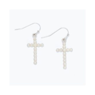 Classic Silver Pearl Cross Dangle Earrings