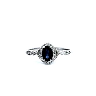Halo Fashion Ring with Oval Blue Sapphire and .12ctw Round Diamonds in 14k White Gold