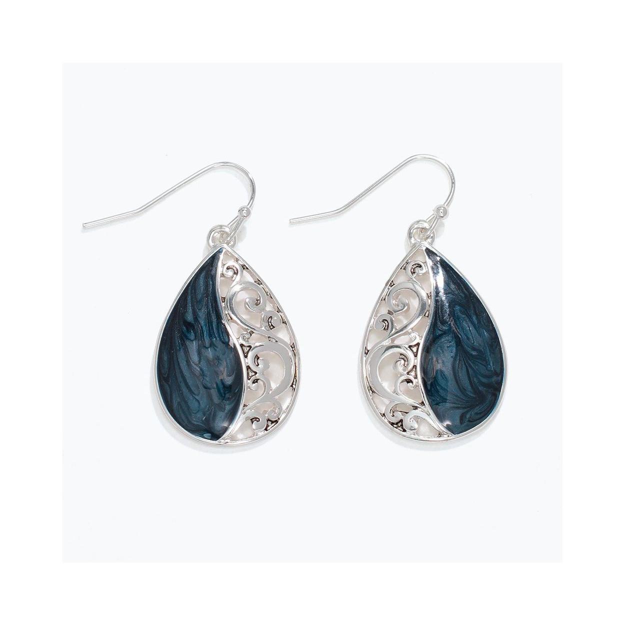 Silver Filigree Teardrop Earrings with Blue Enamel Drop