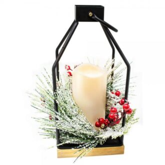12.5" Metal Lantern with LED Candle & Pine Berry Wreath