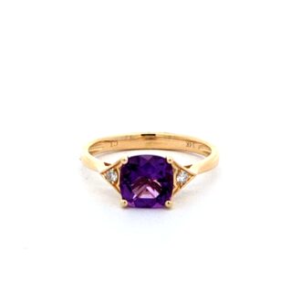 Fashion Ring with 2 Round Diamonds and Cushion Cut Amethyst in 14k Yellow Gold