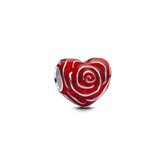 Silver Red Enamel Rose Heart Charm
