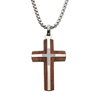 Inox Bubinga Wood Cross Pendant with Lab-Grown Diamonds and Chain