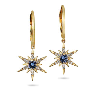 Star Dangle Earrings with .14ctw Diamonds & Montana Sapphires in 14k Yellow Gold