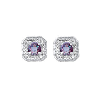 Synthetic Alexandrite Halo Stud Earrings with .10ctw in 10k White Gold