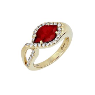 Halo Fashion Ring with Flame Ruby and .39ctw Round Lab Grown Diamonds in 14k Yellow Gold