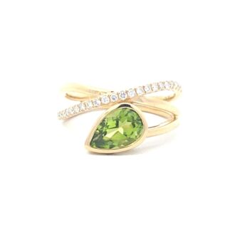 14K Yellow Gold Pear Peridot Bypass Ring w/ .20ctw Diamonds