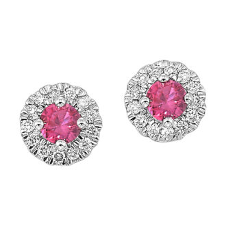 Halo Stud Earrings with 1/10ctw Round Diamonds and Pink Sapphires in 10k White Gold