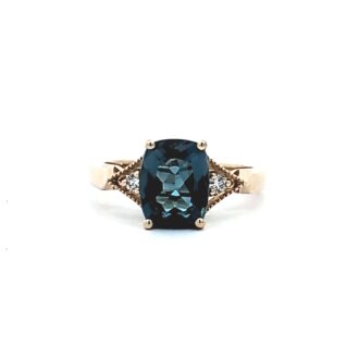 14KY Fashion Ring with 2 Round Diamonds and Rectangular Blue Topaz