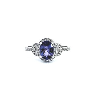 14K White Gold Fashion Ring with Halo and .20ctw Round Diamonds and Oval Tanzanite