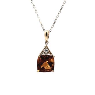 Cushion-Cut Citrine Drop Pendant Necklace with .08ctw Diamonds in 14k Gold