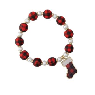 Red Plaid Charm Dangle Earrings with Pearl