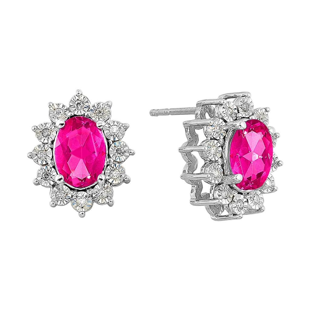 Sterling Silver Oval Pink Topaz & Diamond Halo Studs