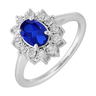 Sterling Silver Oval Created Sapphire and Diamond Halo Ring