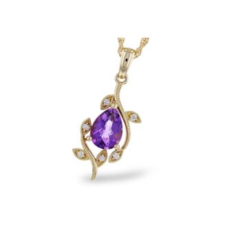 Floral Drop Pendant with Pear Cut Amethyst and .05ctw Diamonds in 14k Yellow Gold