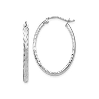 14K White Gold Diamond-Cut Oval Hoop Earrings