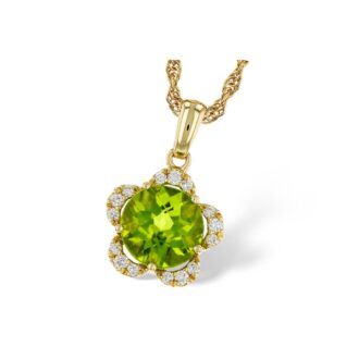 Peridot Flower Drop Pendant .12ctw Diamonds 14k Yellow Gold