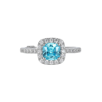 Radiance Cushion Halo Fashion Ring with Blue and Clear CZ in Sterling Silver, Size 7
