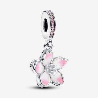 Moveable Cherry Blossom Dangle Charm in Silver
