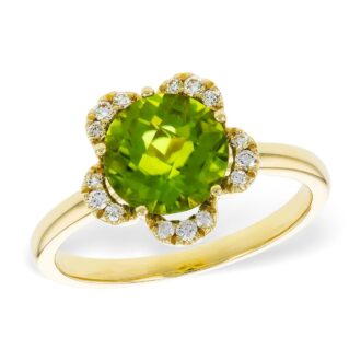 Peridot Flower Ring with .12ctw Diamonds in 14k Yellow Gold