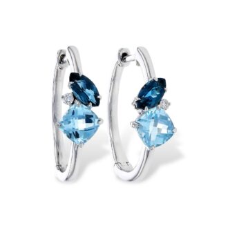 Blue Topaz & Diamond Huggie Hoop Earrings in 14K White Gold