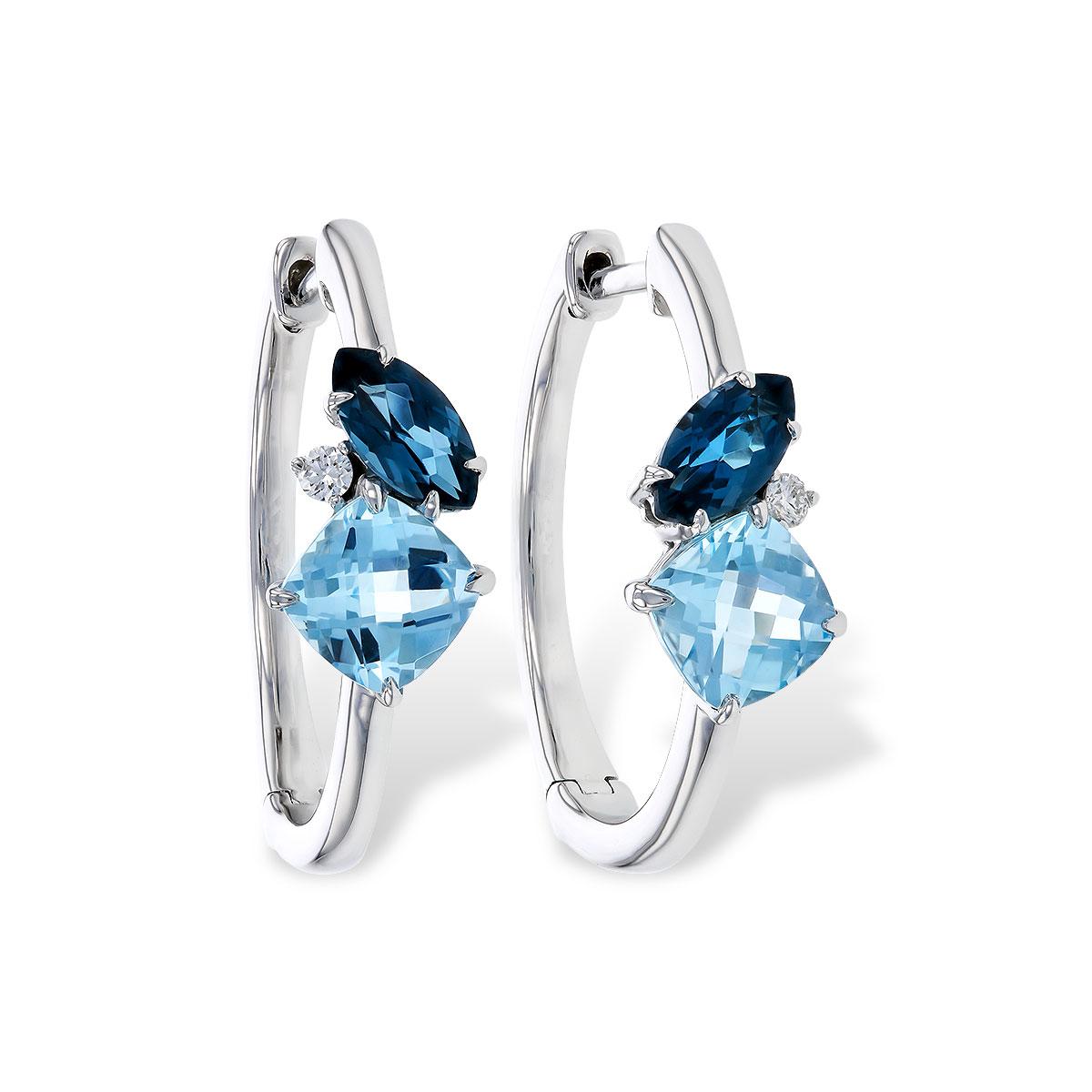 Blue Topaz & Diamond Huggie Hoop Earrings in 14K White Gold