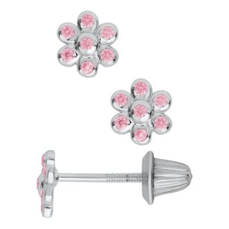 Pink Flower Stud Earrings in Sterling Silver