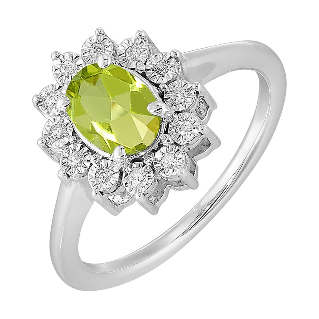 Oval Peridot Halo Birthstone Ring, Diamonds, Sterling Silver