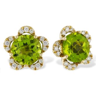 14K Yellow Gold Peridot & 0.17ctw Diamond Flower Studs