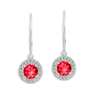 Ruby and Diamond Halo Dangle Earrings with .10ctw in Sterling Silver