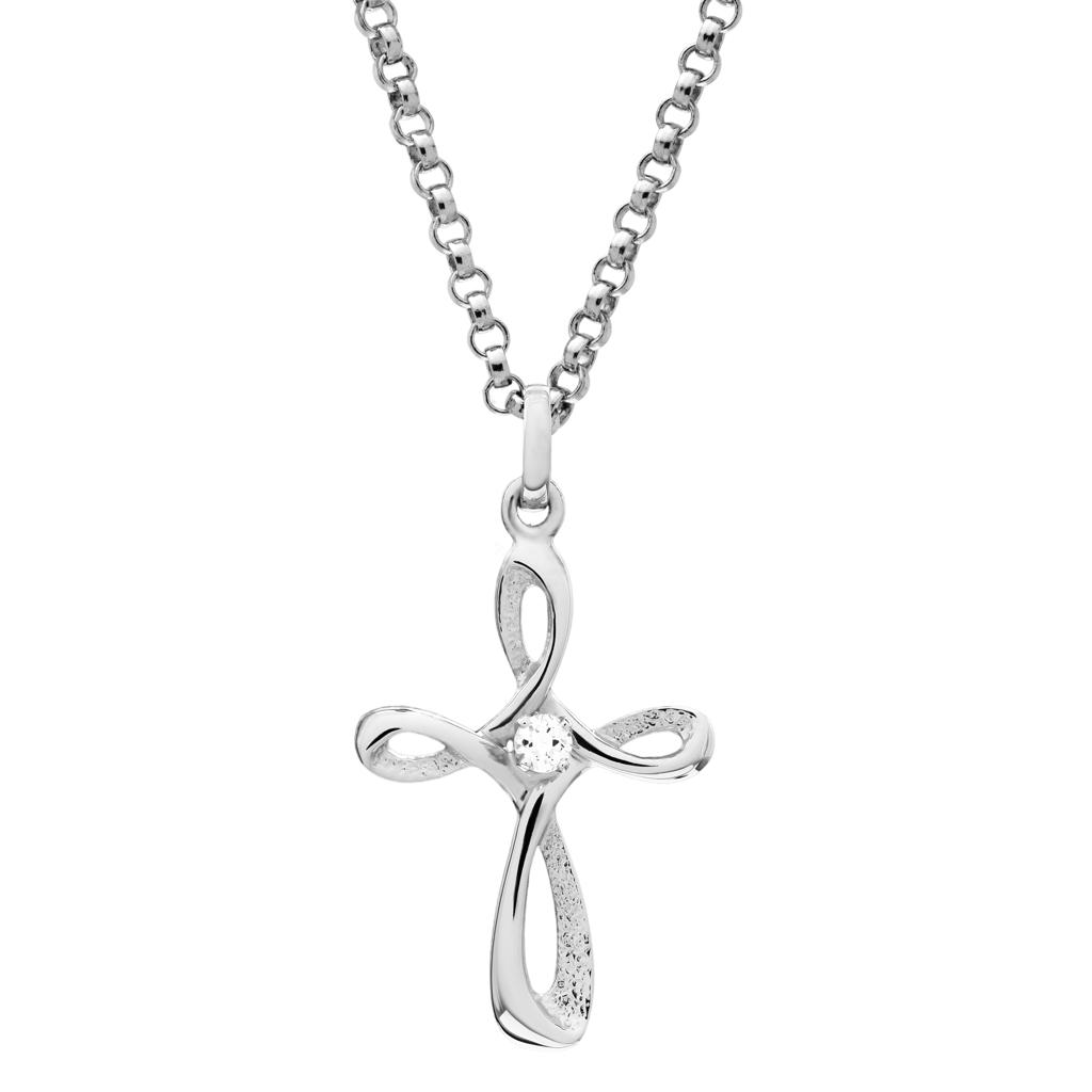 Sterling Silver CZ Ribbon Cross Pendant, 18" Rolo Chain