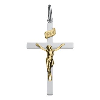 Two-Tone Sterling Silver Crucifix Pendant, 24" Curb Chain