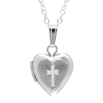 Small Satin Heart Locket with Cross Pendant in Sterling Silver