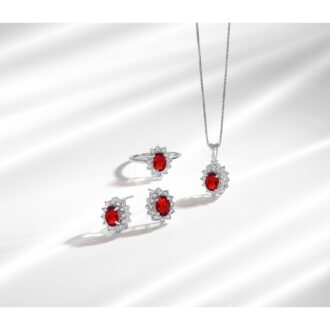 Oval Garnet Halo Drop Pendant with 1/20ctw Round Diamonds in Sterling Silver