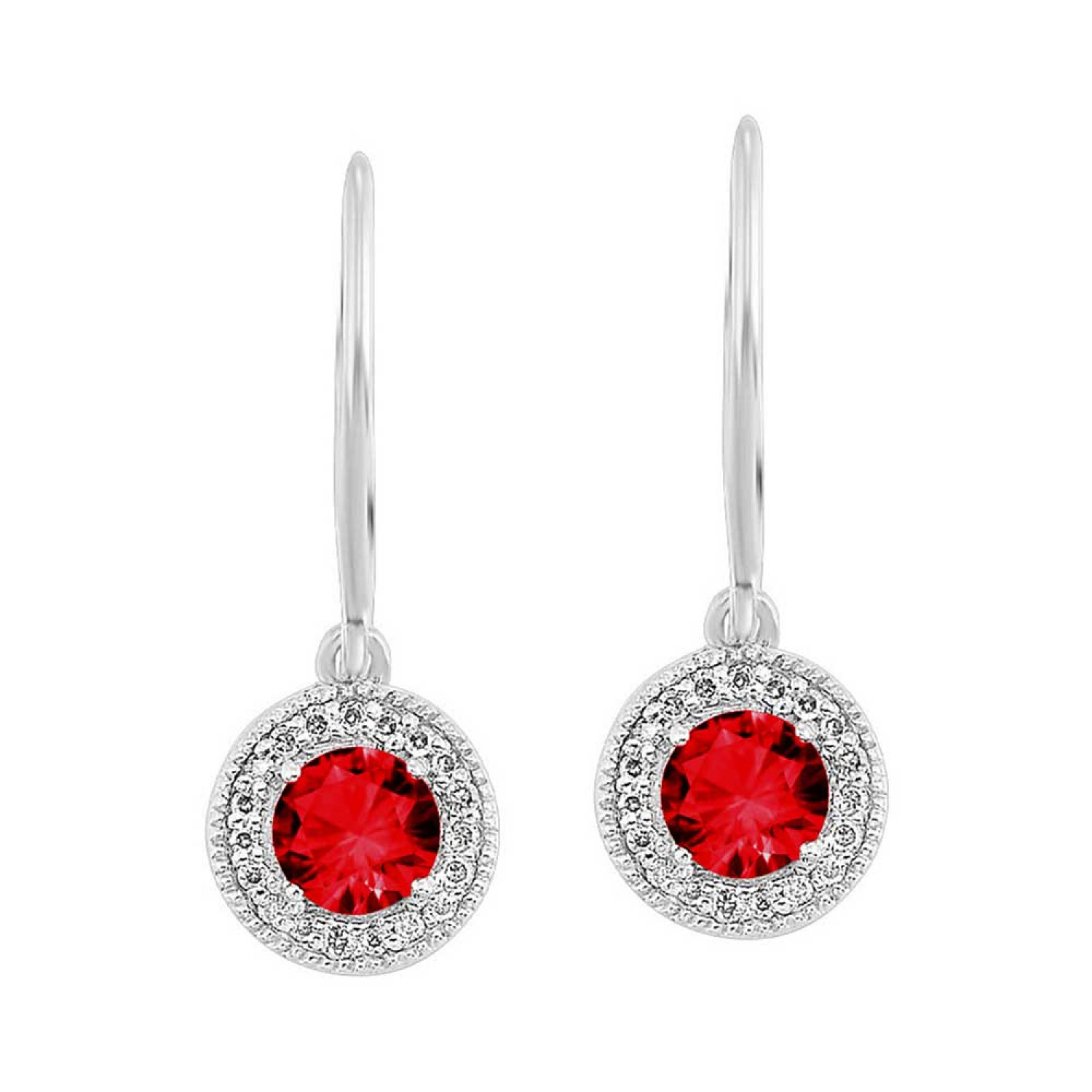 Halo Dangle Earrings with 40RD D=.10CTW and 2RD Garnet Stones in Silver