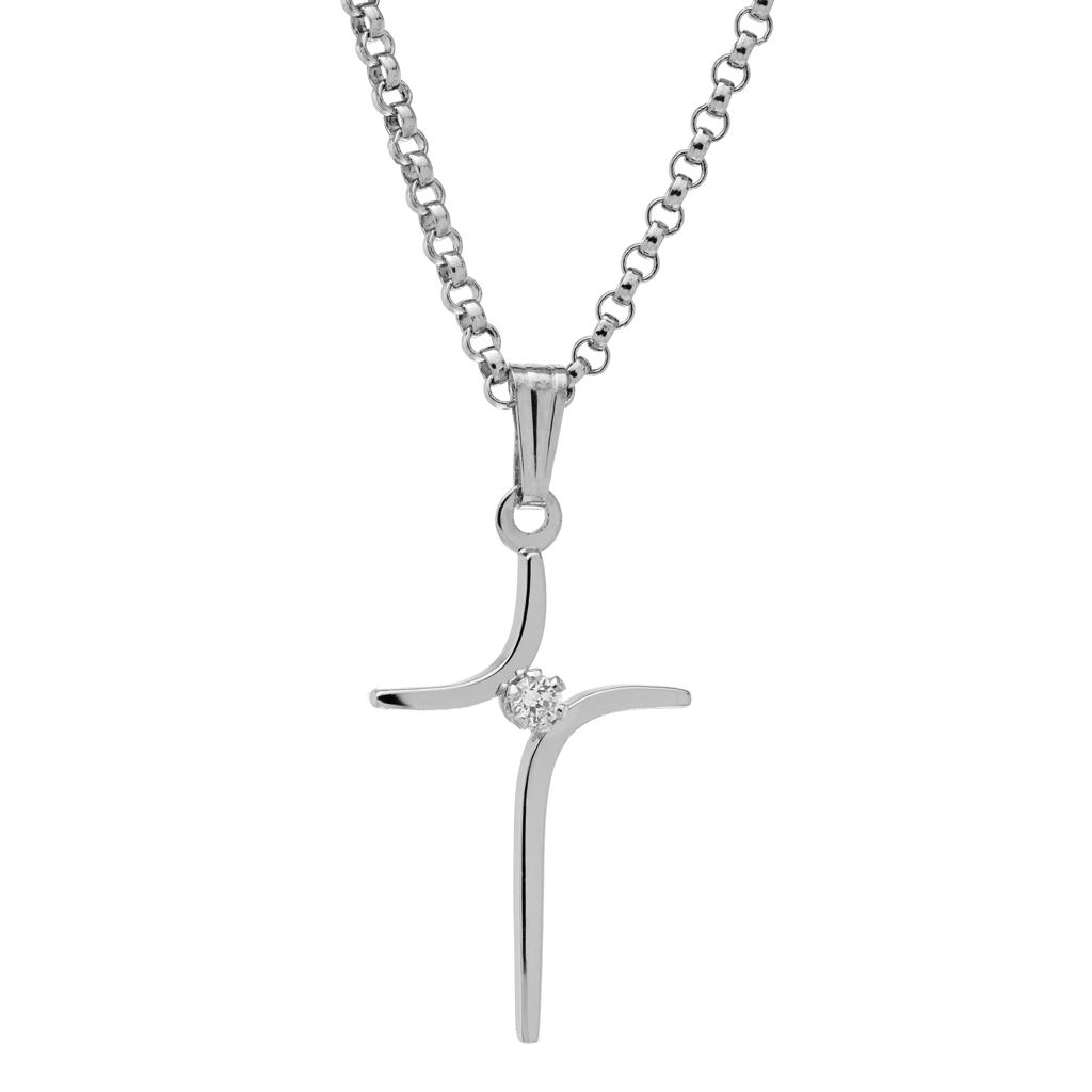 Sterling Silver CZ Bypass Cross Necklace, 18" Rolo Chain
