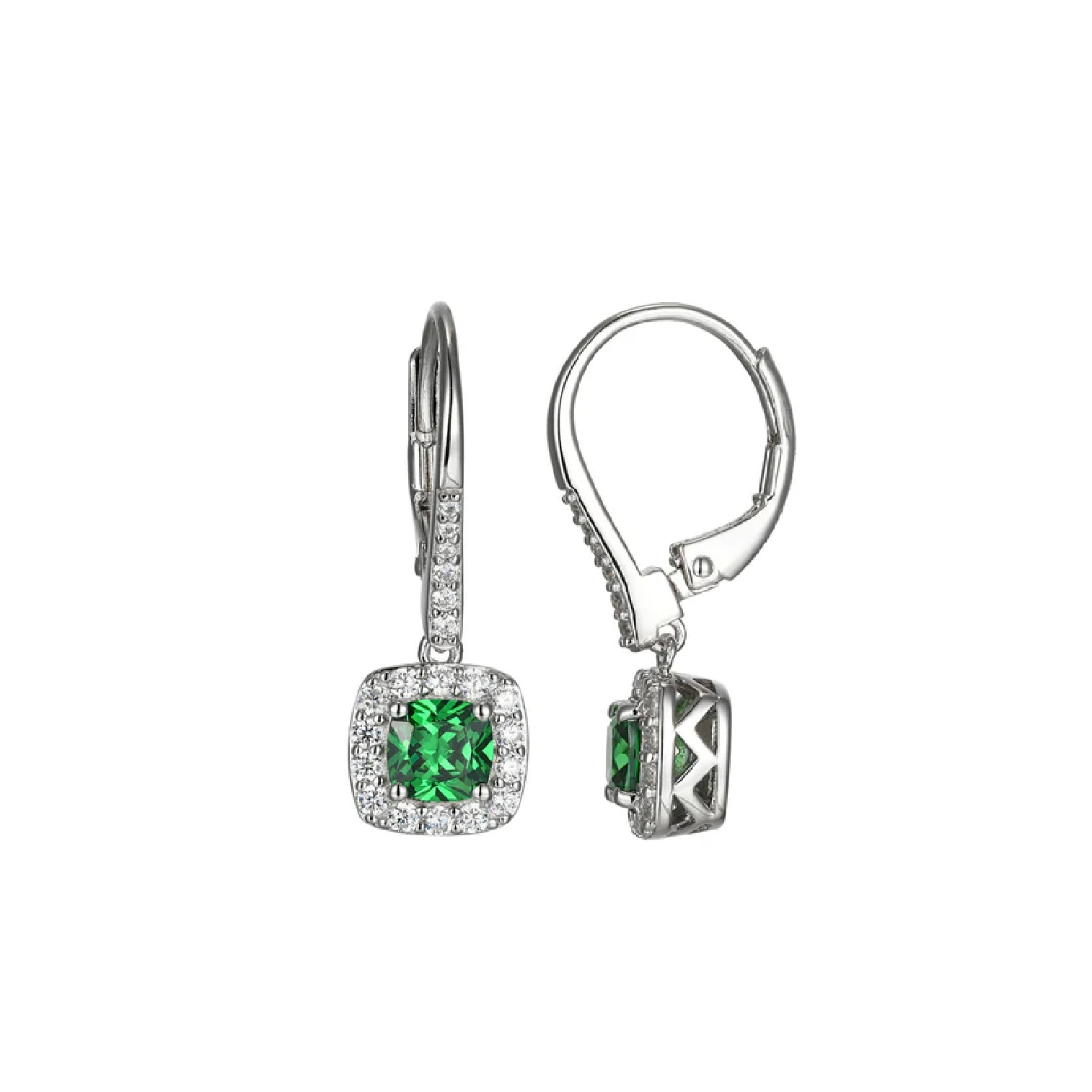 Radiant Cushion Green and Clear Halo Dangle Earrings in Silver