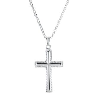 Sterling Silver Beaded Edge Cross Pendant, 18" Rolo Chain