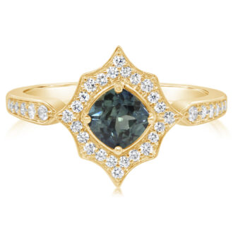 Scalloped Edge Fashion Ring with .22ctw Round Diamonds and Montana Sapphire in 14k Yellow Gold