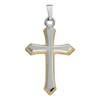 Two-Tone Sterling Silver Beaded Cross Pendant 18" Rolo Chain