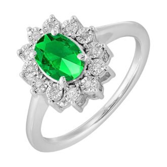 Sterling Silver Lab-Created Emerald Halo Ring with Diamonds