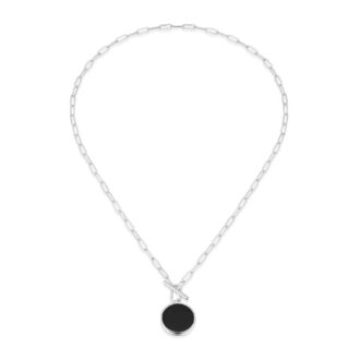 Elle Lustre Black Agate Disc Paperclip T-Bar Necklace 18"